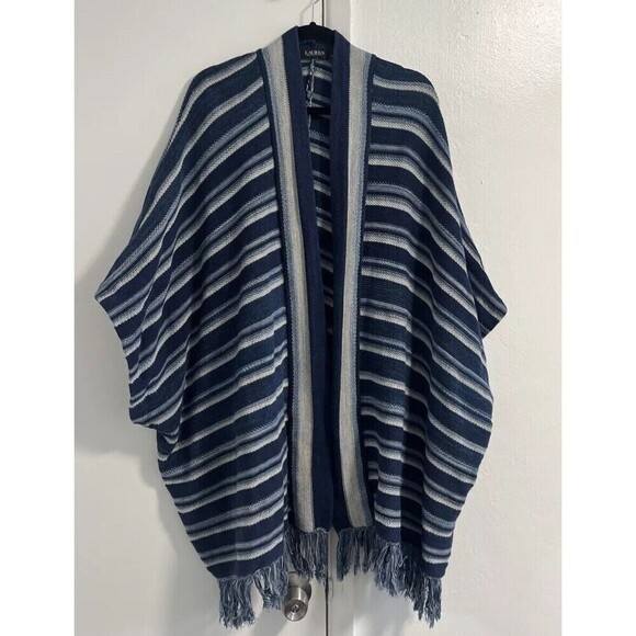 Lauren Ralph Lauren French Navy Striped Cotton Fringe Trim Pancho Cardigan OS - Picture 3 of 8